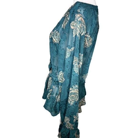 Venus Teal Floral Wrap Blouse Womens Long Sleeve V-Neck Size 12 - Picture 8 of 11